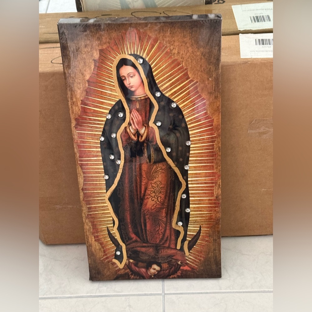 Religious Wall Art with Brown and Gold Accents and Rhinestones